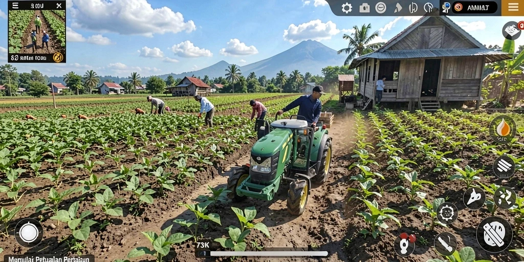 Screenshot gameplay 73K menampilkan ladang yang subur dan hewan ternak.