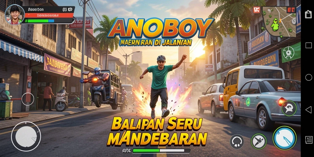 Screenshot dari gameplay balapan ANOBOY yang menegangkan.